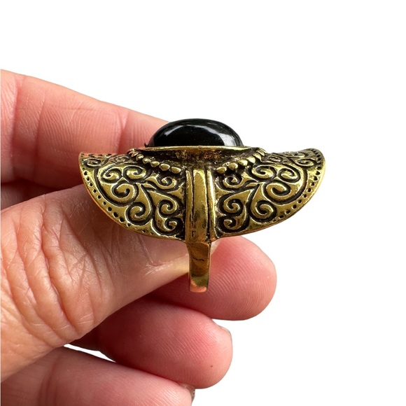 Boho Tribal Style Antique Gold Engraved Ring with Black Center Stone - Picture 2 of 6